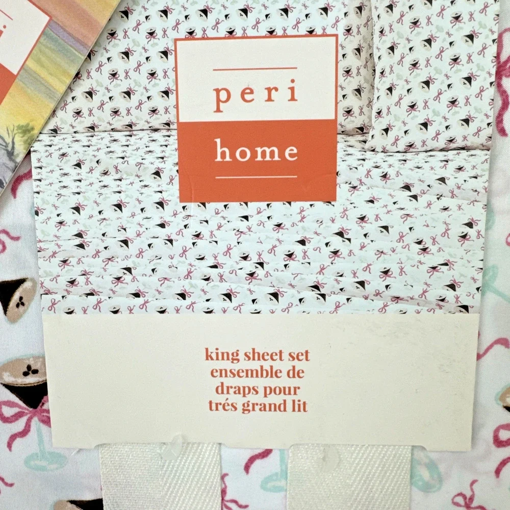 Peri Home espresso martini king 4pc Sheet Set White Pink Ribbon soft new
